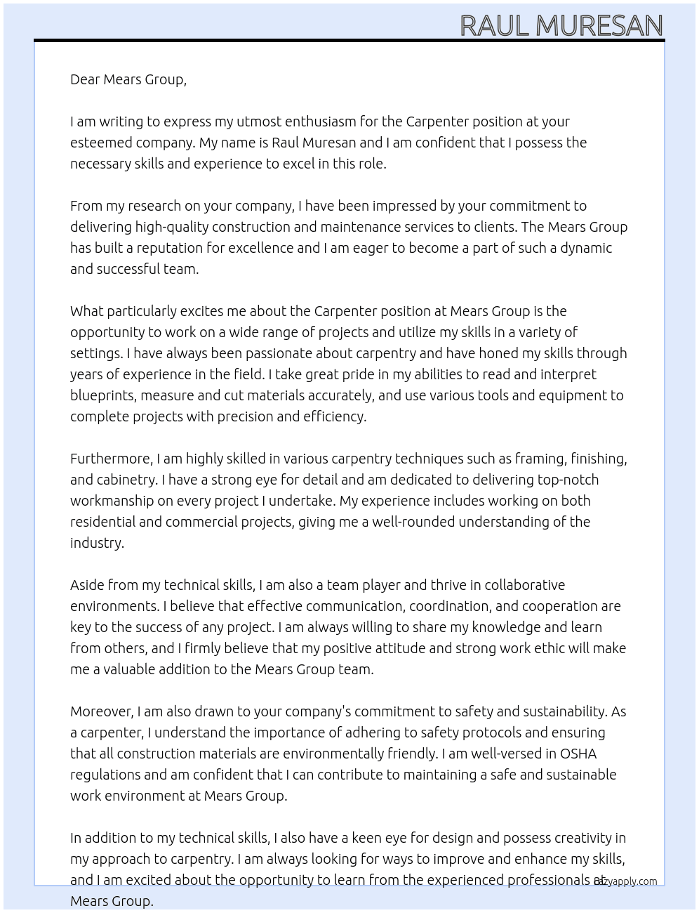 Carpenter  At Mears Group Cover Letter
