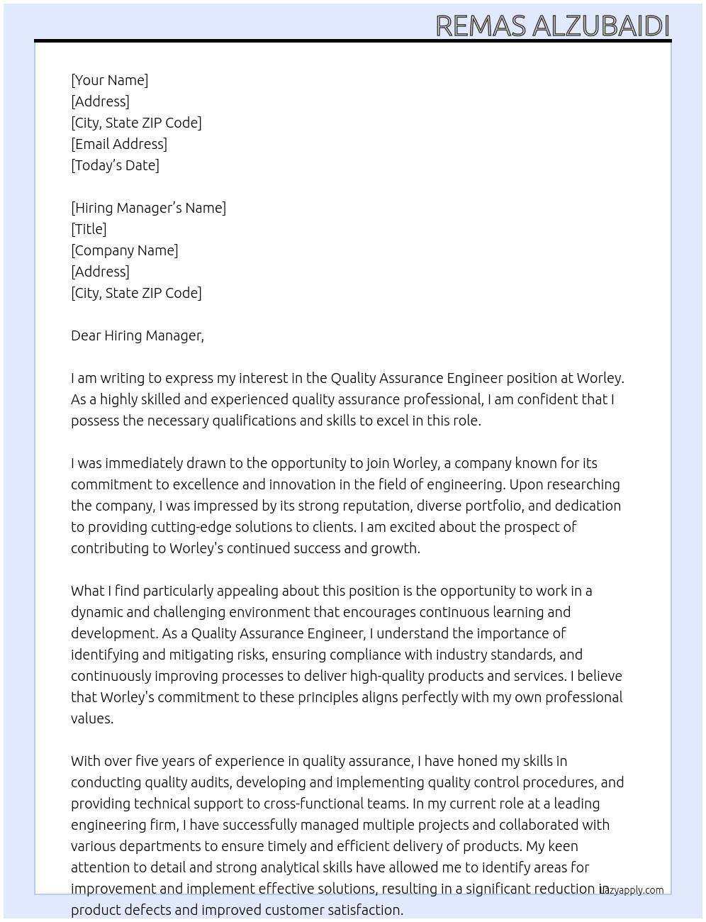 quality assurance engineer At Worley Cover Letter