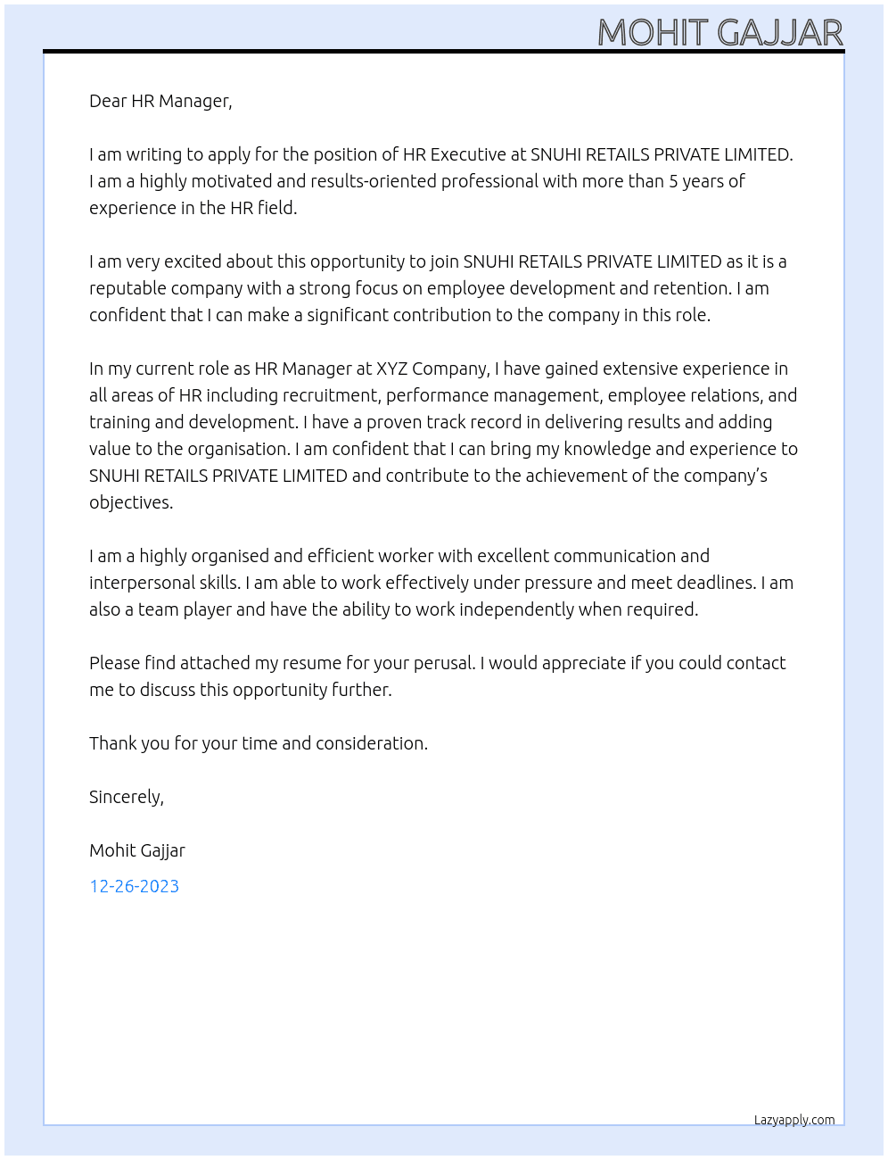 HR EXECUTIVE At SNUHI RETAILS PRIVATE LIMITED Cover Letter