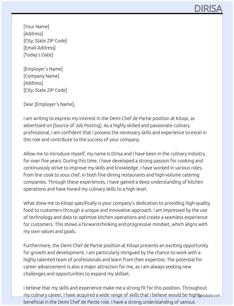 demi chef de partie At Kitopi Cover Letter