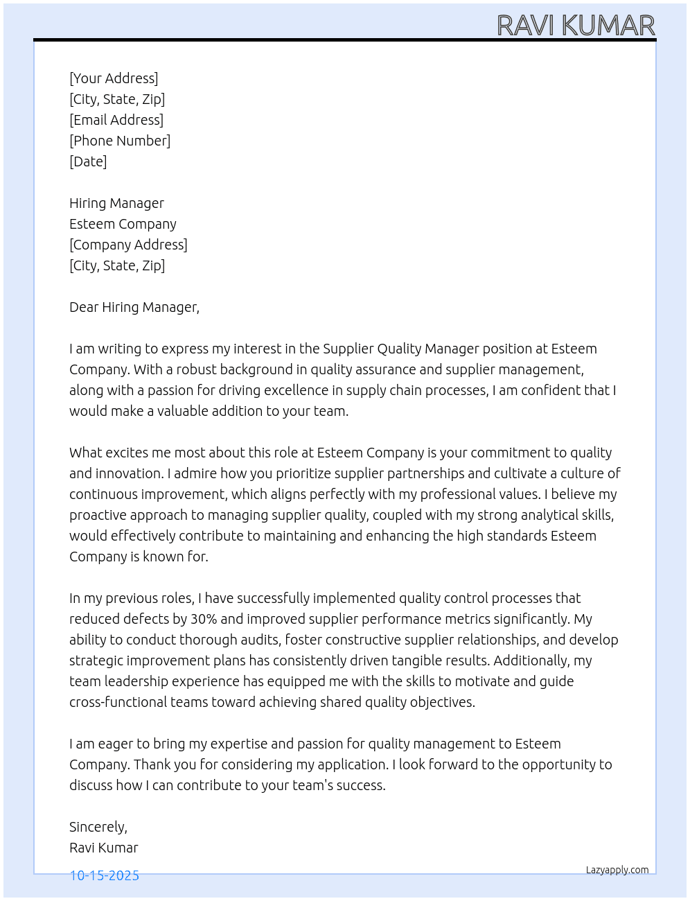 supplier quality manager At Esteem company Cover Letter