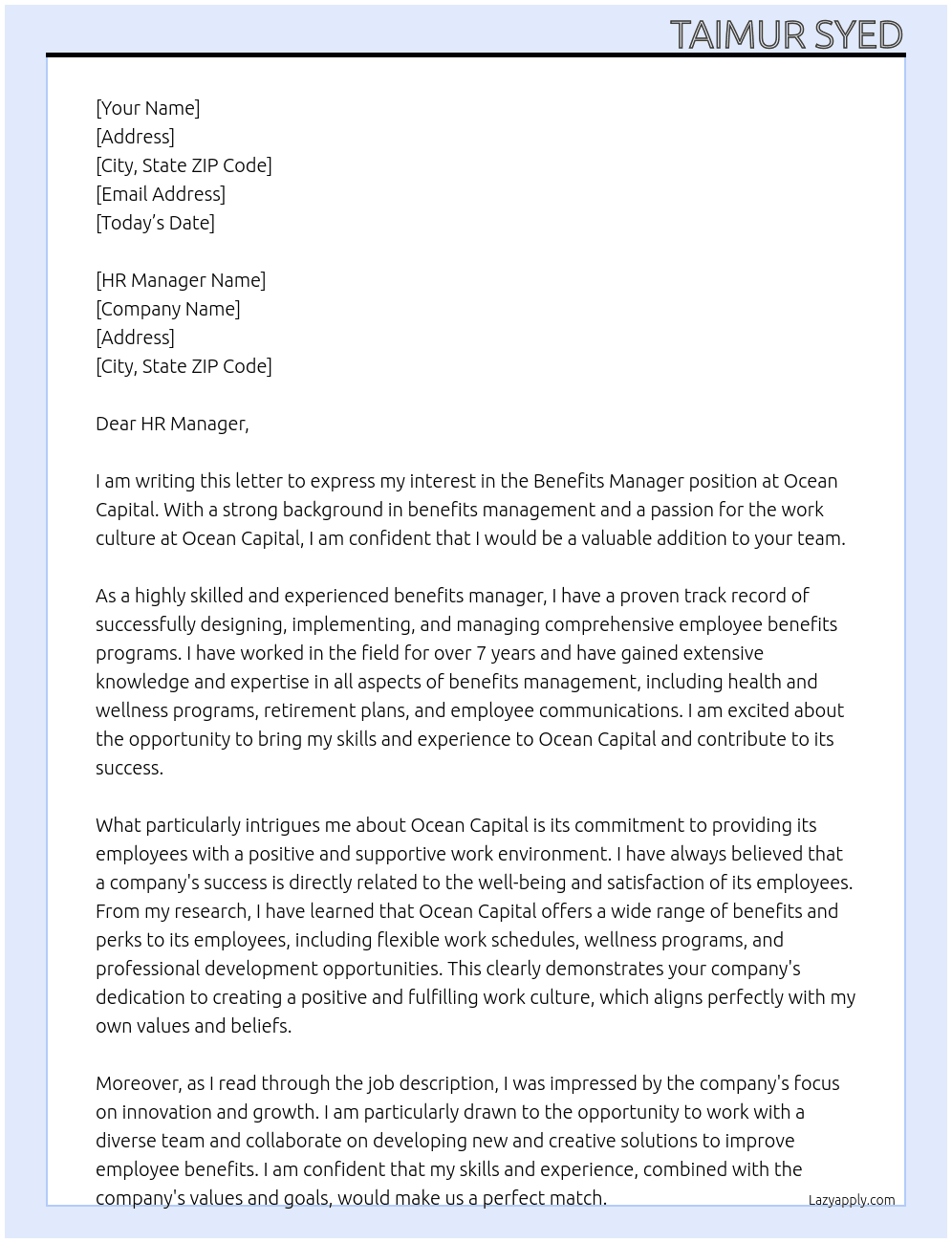 Benefits Manager At Ocean Capital  Cover Letter