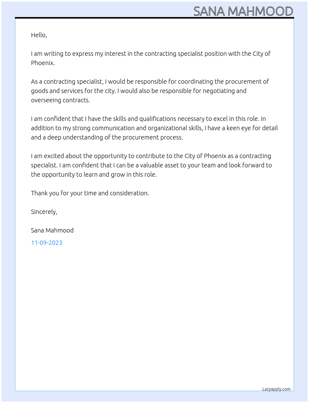 Contracting Specialist  At City of Phoenix Cover Letter