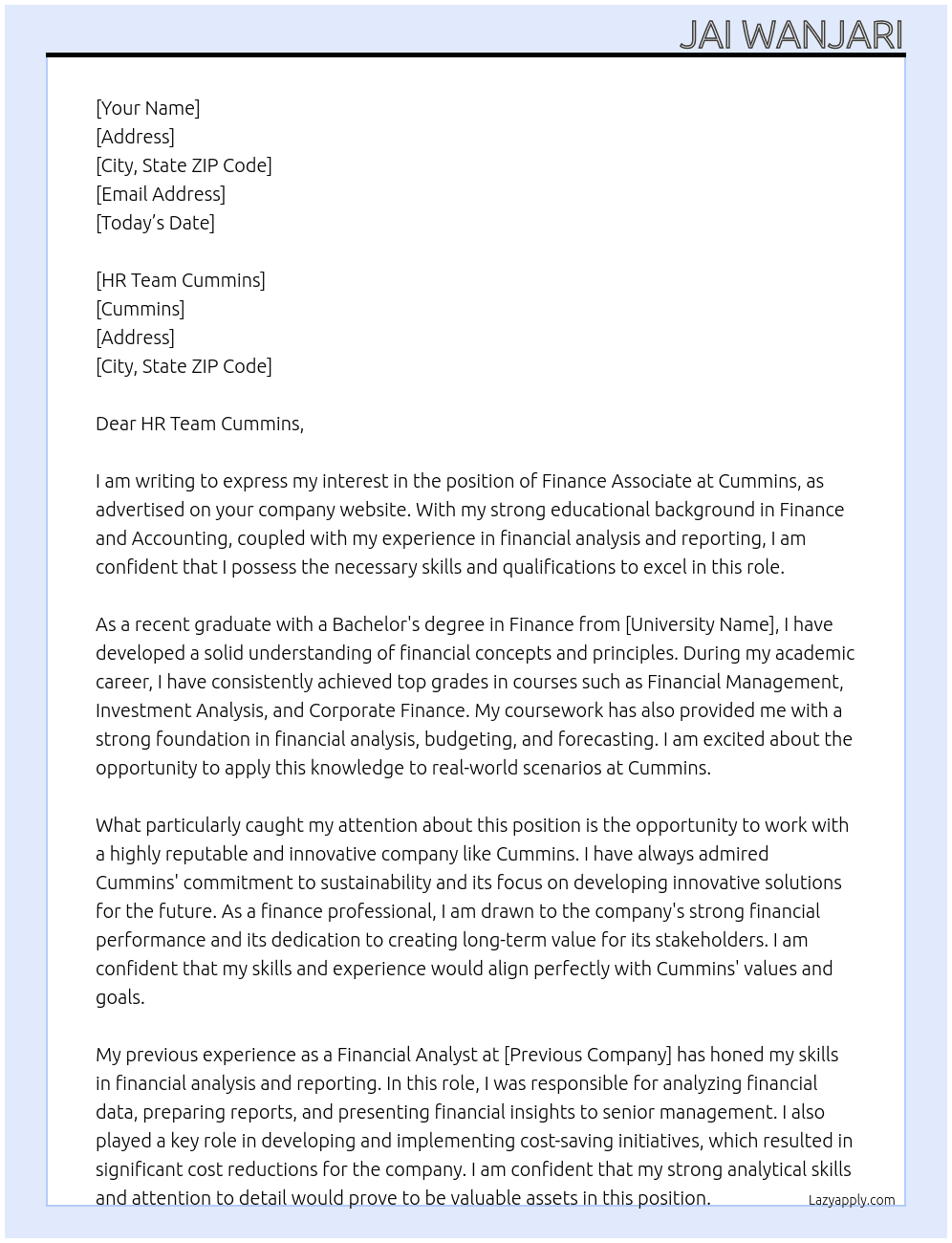 Finance Associate  At Cummins  Cover Letter