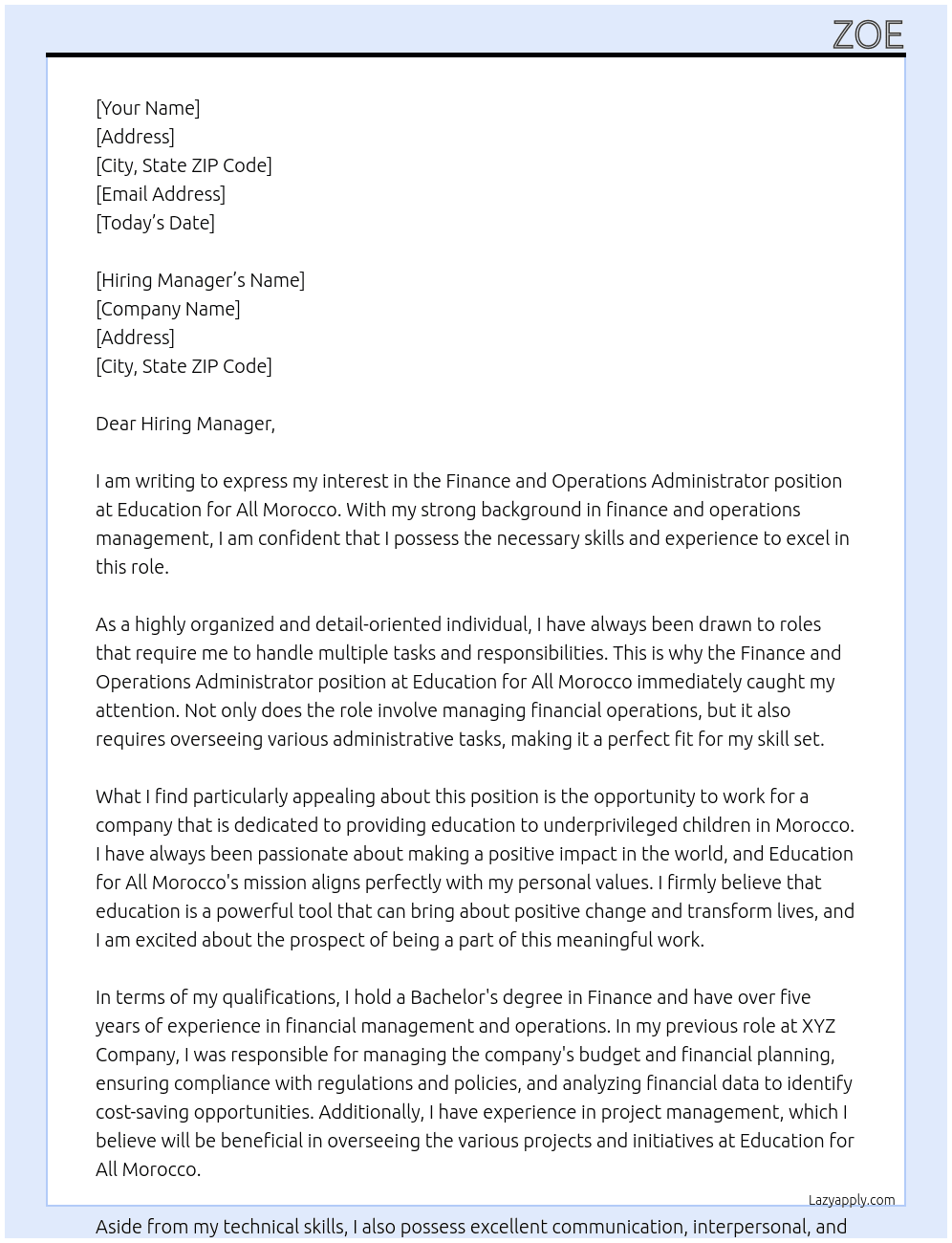 Finance and operations administrator At Education for all morocco Cover Letter