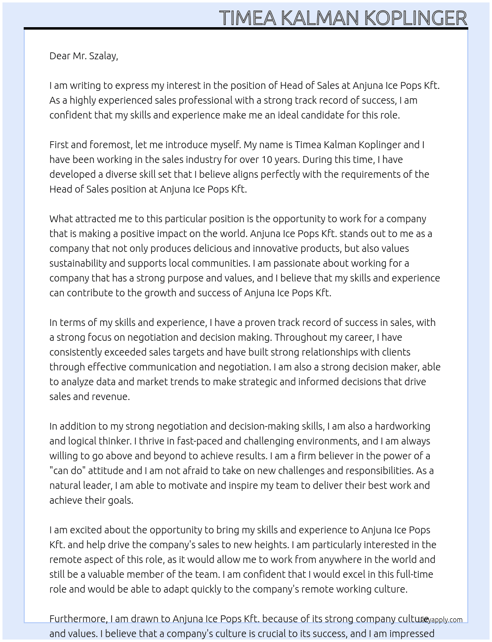 Head of Sales At Anjuna Ice Pops Kft. Cover Letter