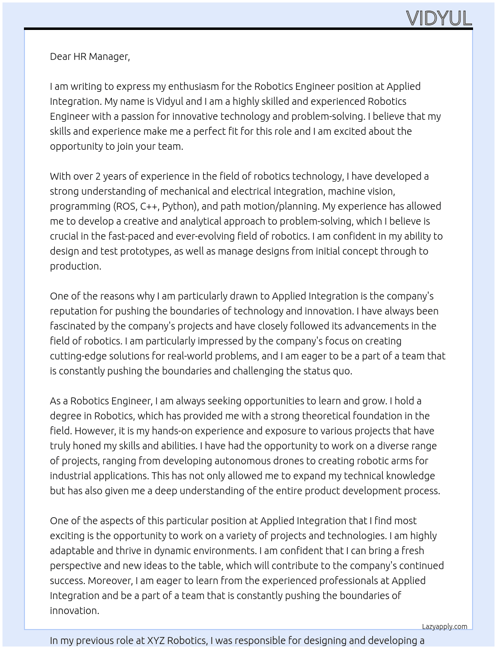 Robotics Engineer At Applied Integration Cover Letter