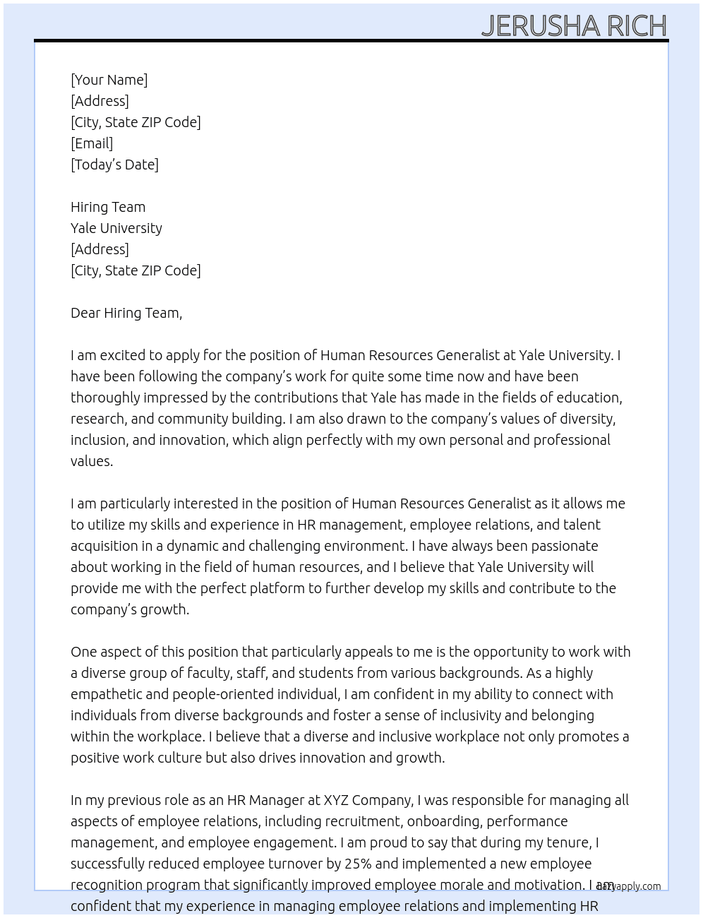 Human Resources Generalist At Yale University Cover Letter