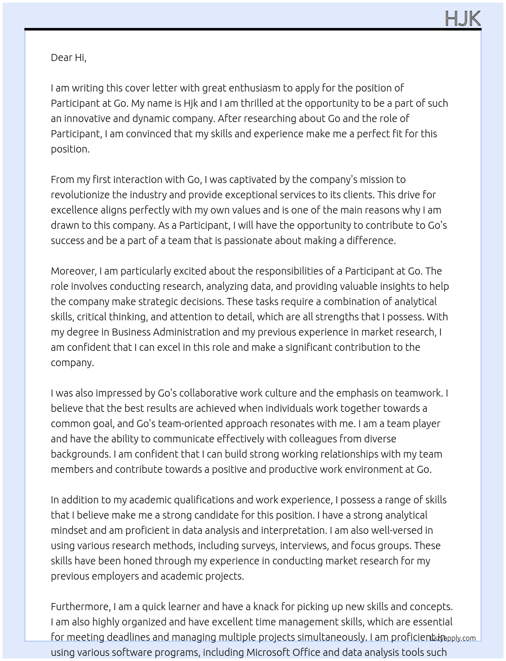 Participant  At Go Cover Letter