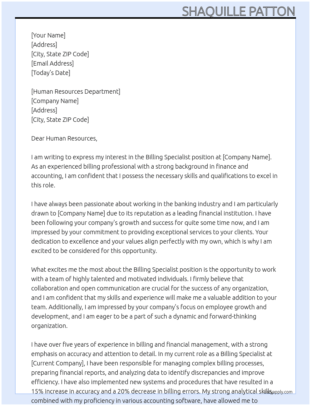 billing specialist At bank Cover Letter