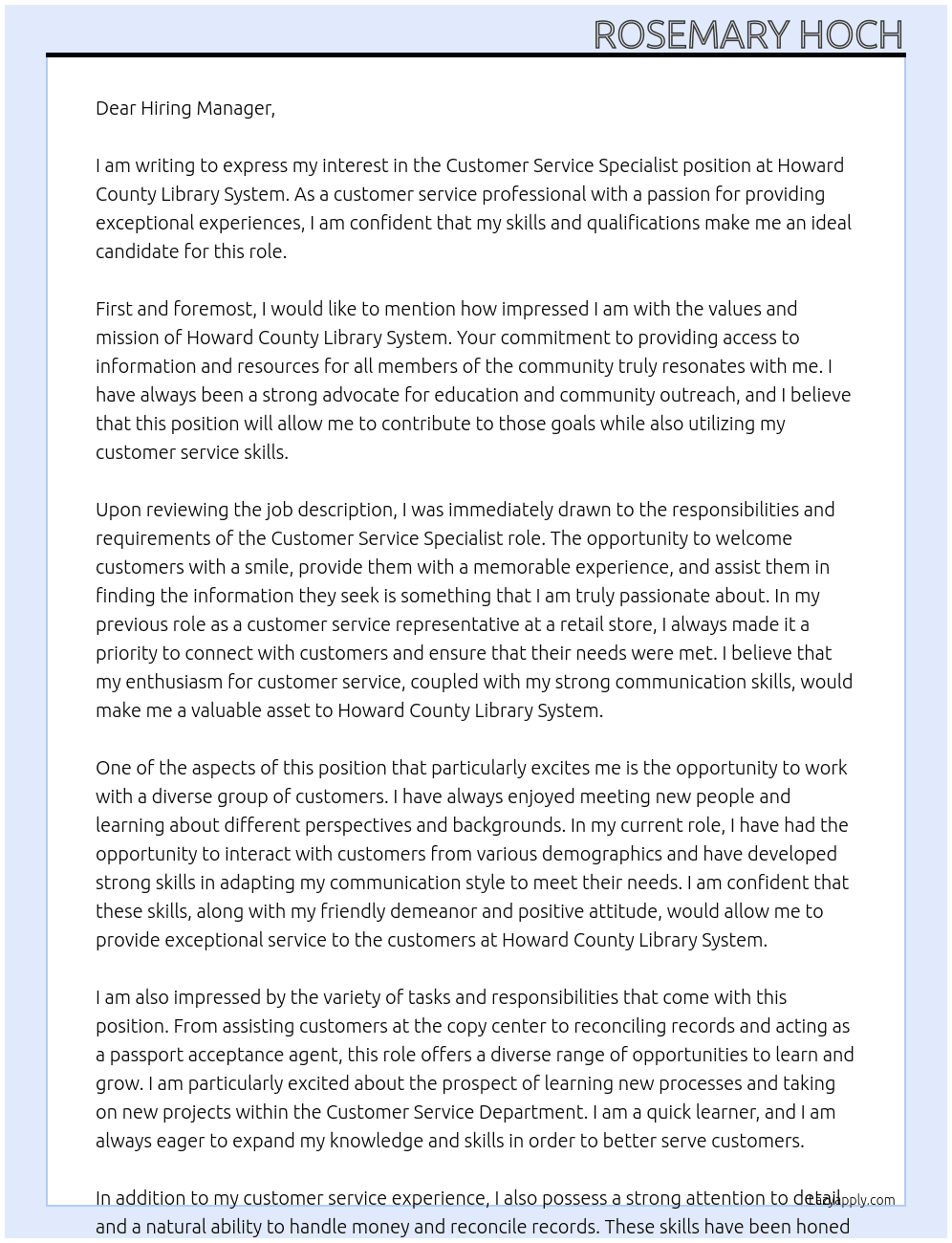 Customer Service Specialist At Howard County Library System Cover Letter