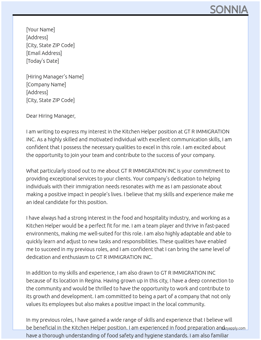 Kitchen helper  At GT R IMMIGRATION INC Cover Letter