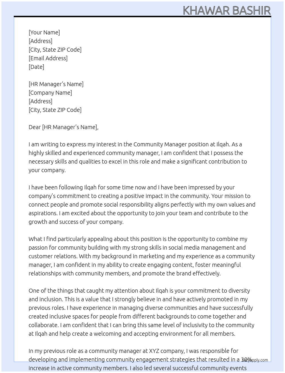 Community Manager At Ilqah Cover Letter
