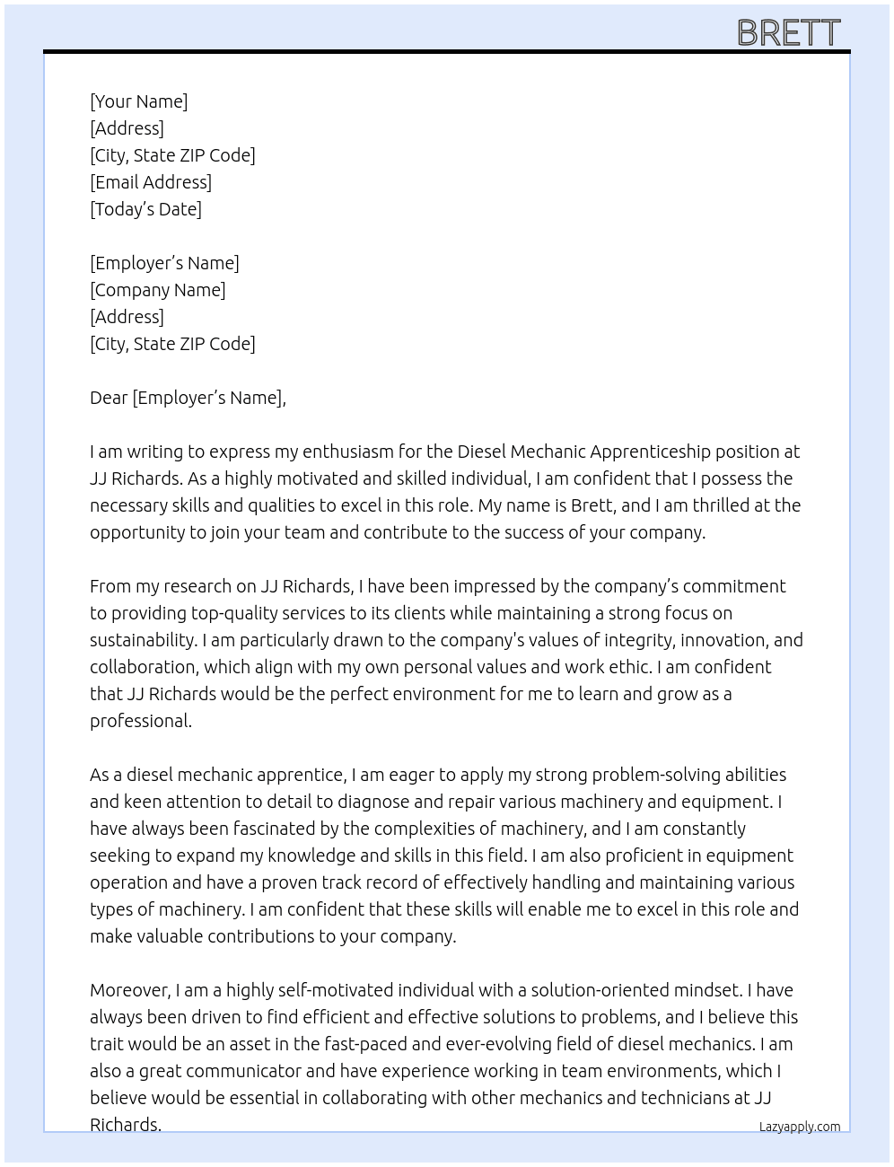 Diesel Mechanic Apprenticeship  At JJ Richards Cover Letter