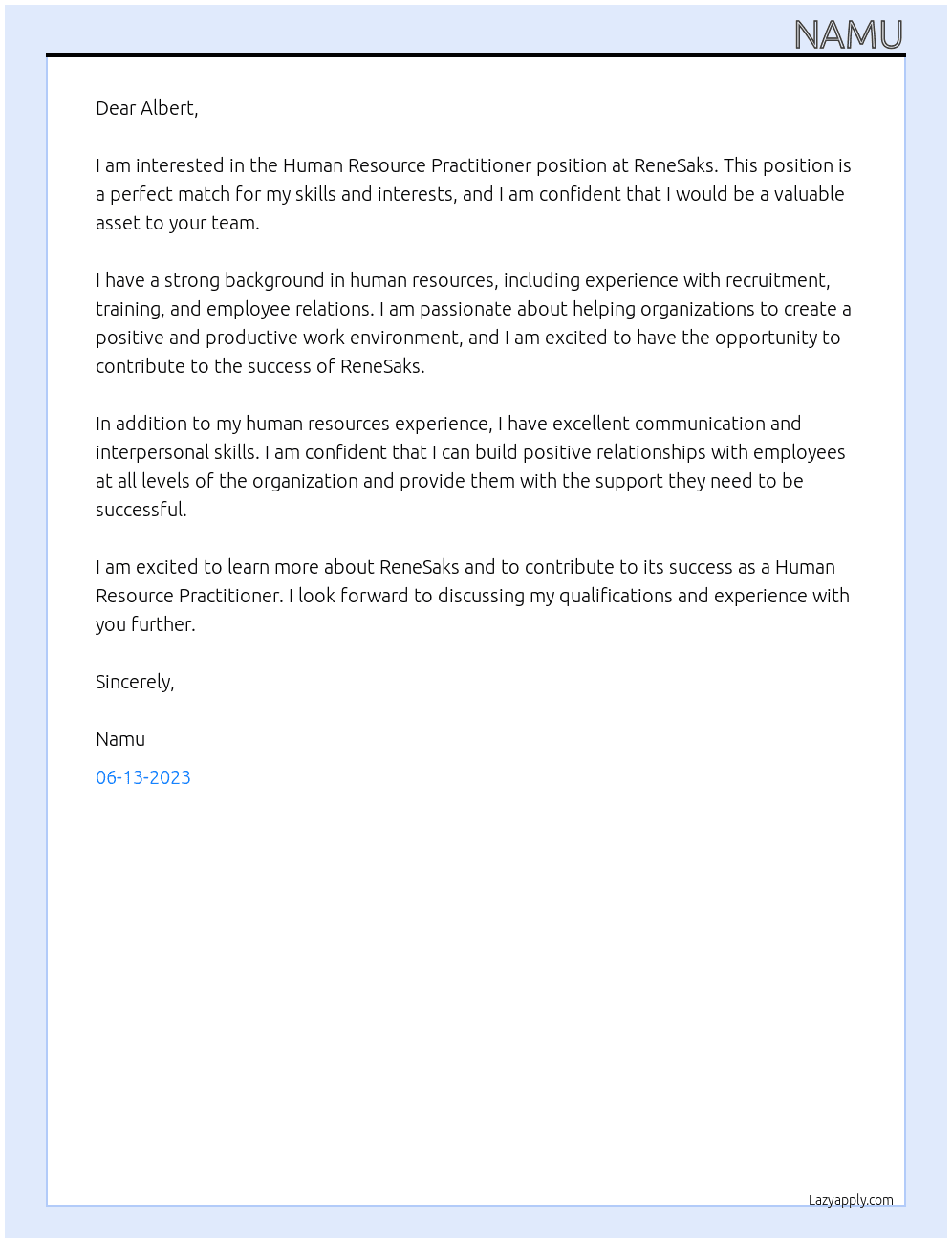 Human Resource Practitioner At ReneSaks Cover Letter