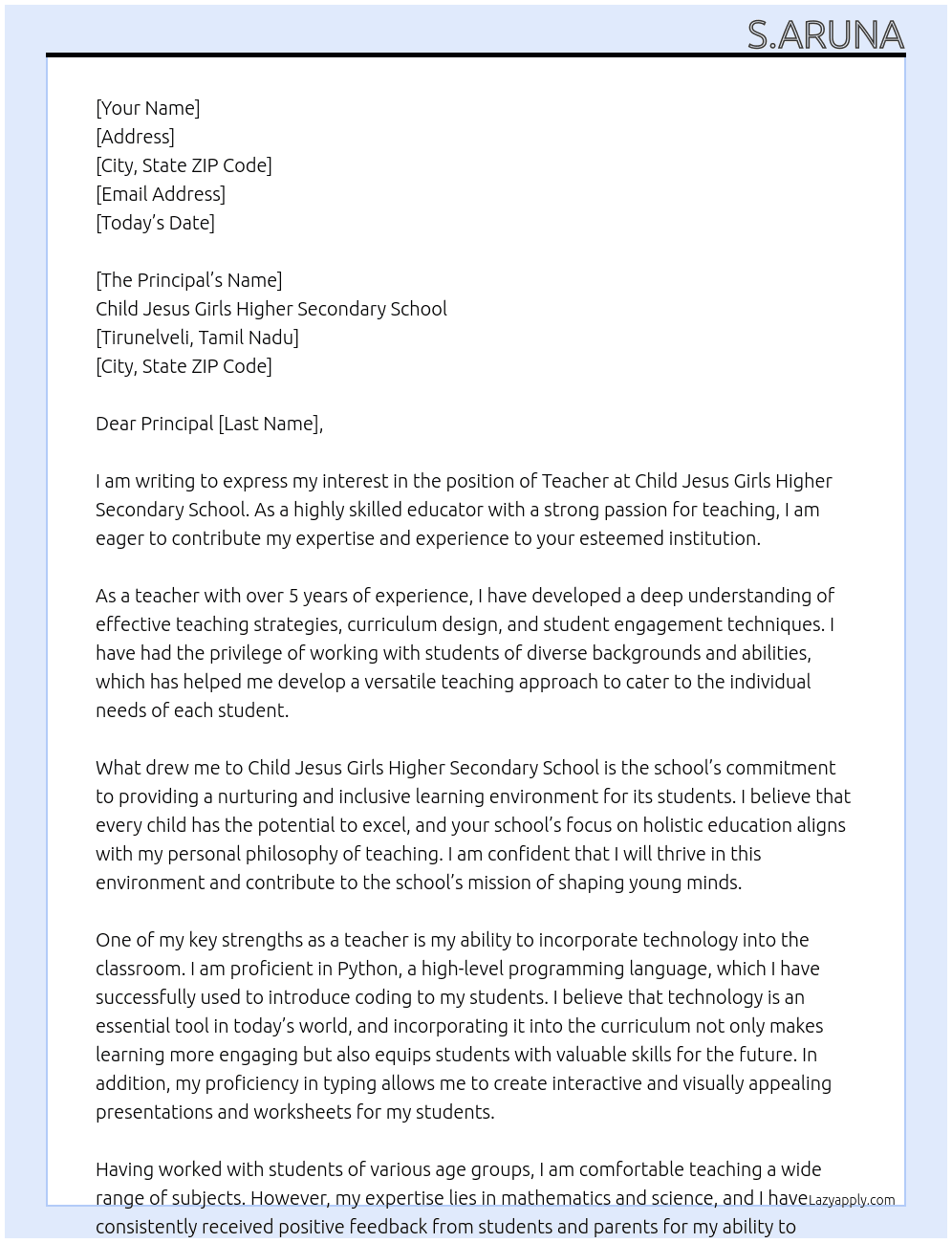 Teacher At Child Jesus girls Higher Secondary School  Cover Letter