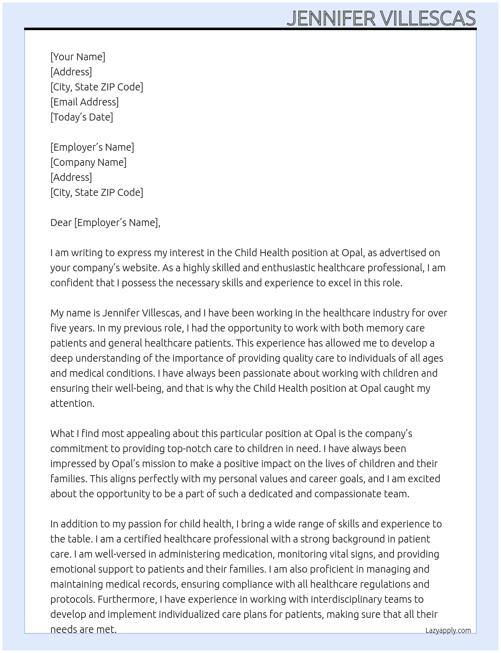 Child health  At Opal Cover Letter