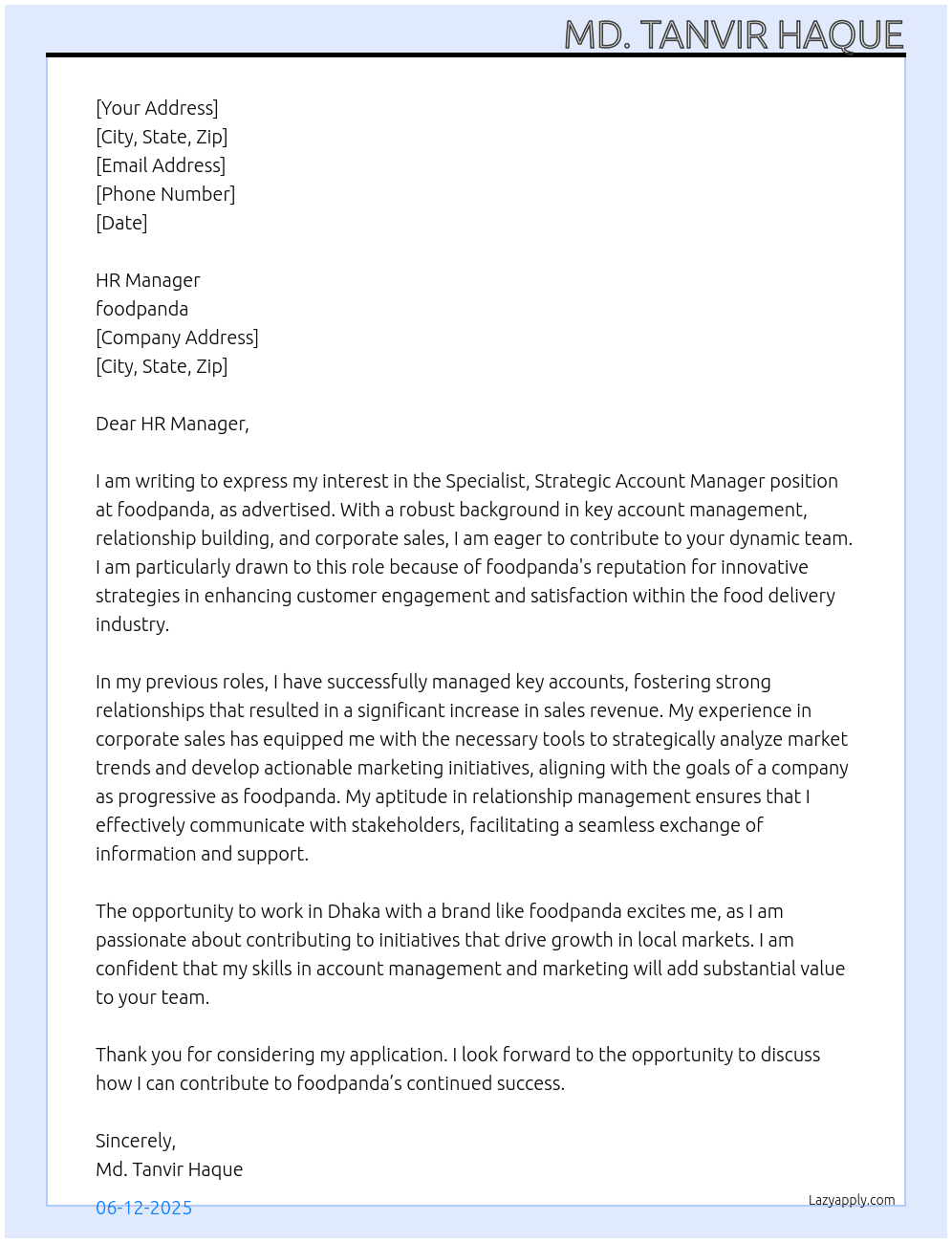 Specialist, Strategic Account Manager  At foodpanda Cover Letter