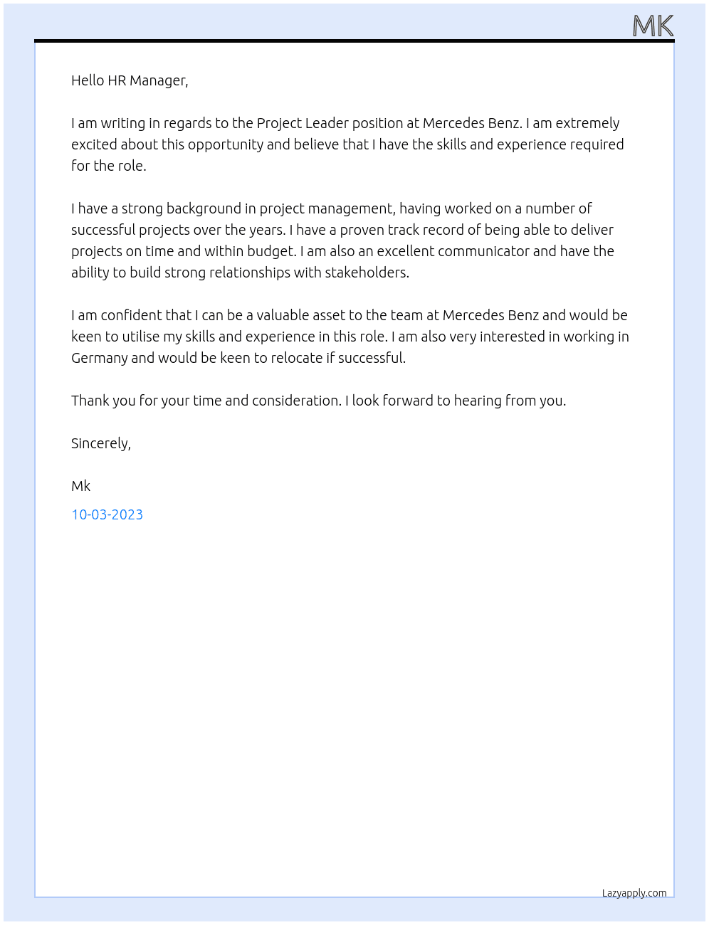 Project Leader At Mercedes Benz Cover Letter