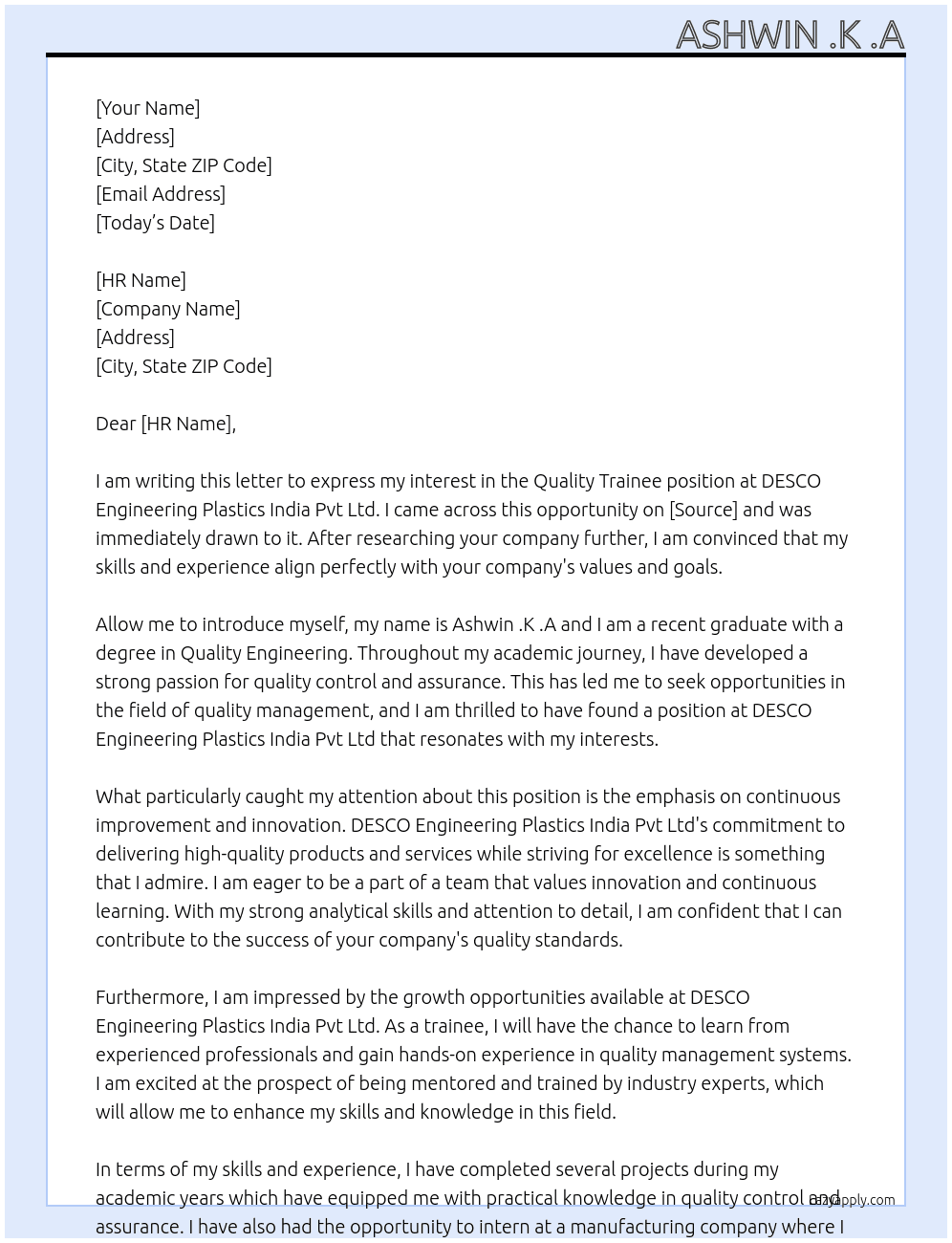 quality trainee At DESCO Engineering Plastics India Pvt Ltd Cover Letter