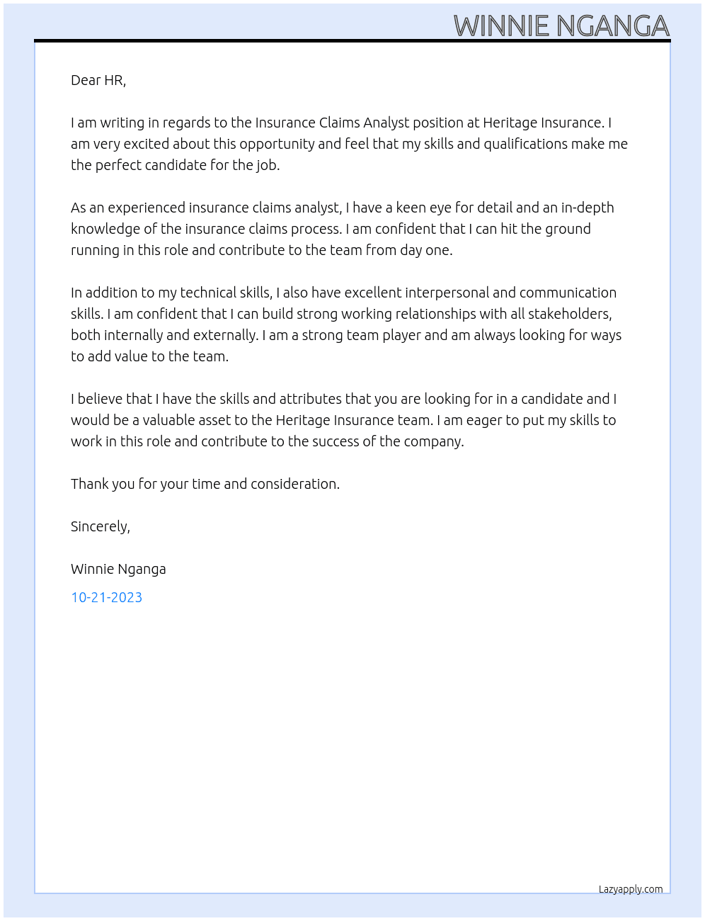 Insurance Claims Analyst At Heritage Insurance Cover Letter