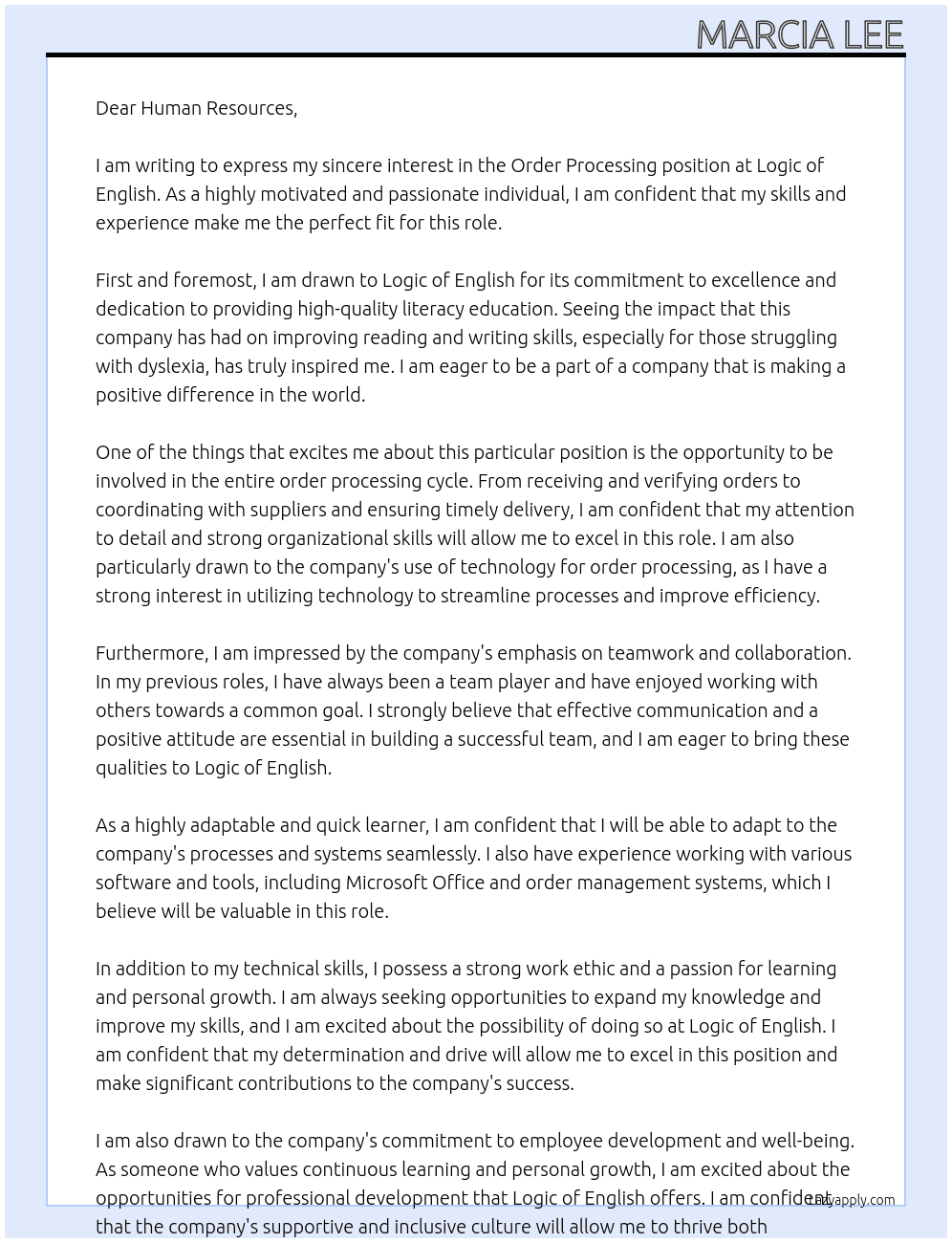 Order Processing At Logic of English Cover Letter