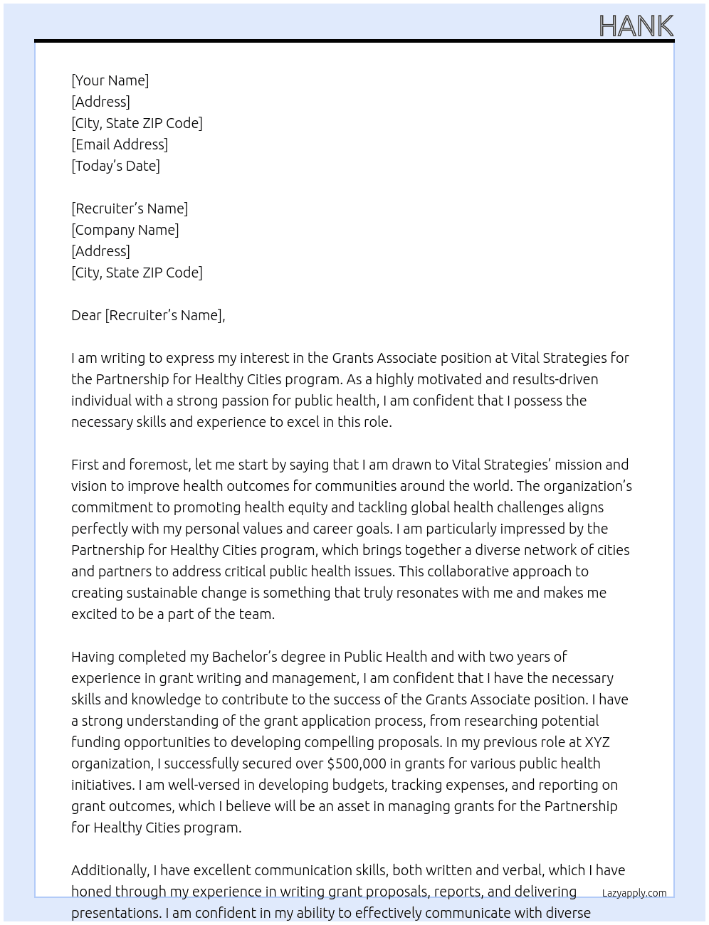 Grants Associate, Partnership for Healthy Cities At Vital Strategies Cover Letter