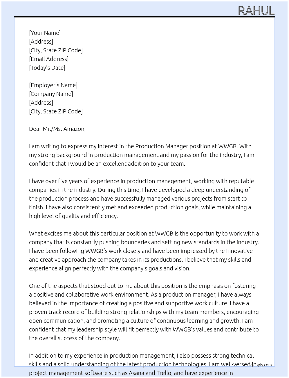 production manager At WWGB Cover Letter