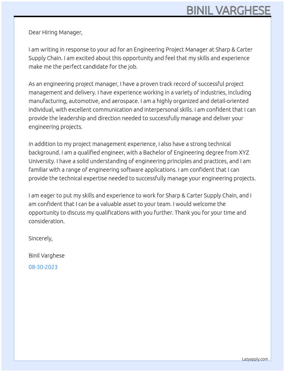 Engineering Project Manager At Sharp & Carter Supply Chain Cover Letter