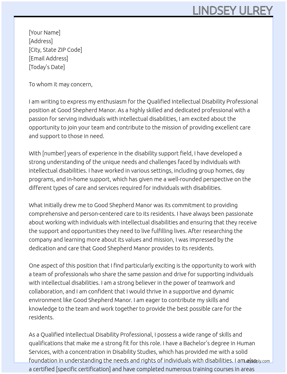 Qualified Intellectual Disability Professional At Good Shepherd Manor Cover Letter