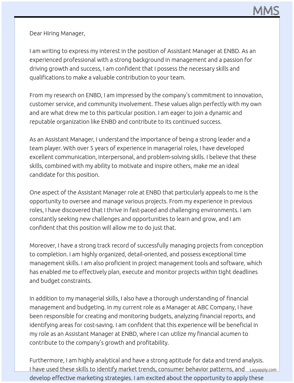 Assistant Manager At ENBD Cover Letter