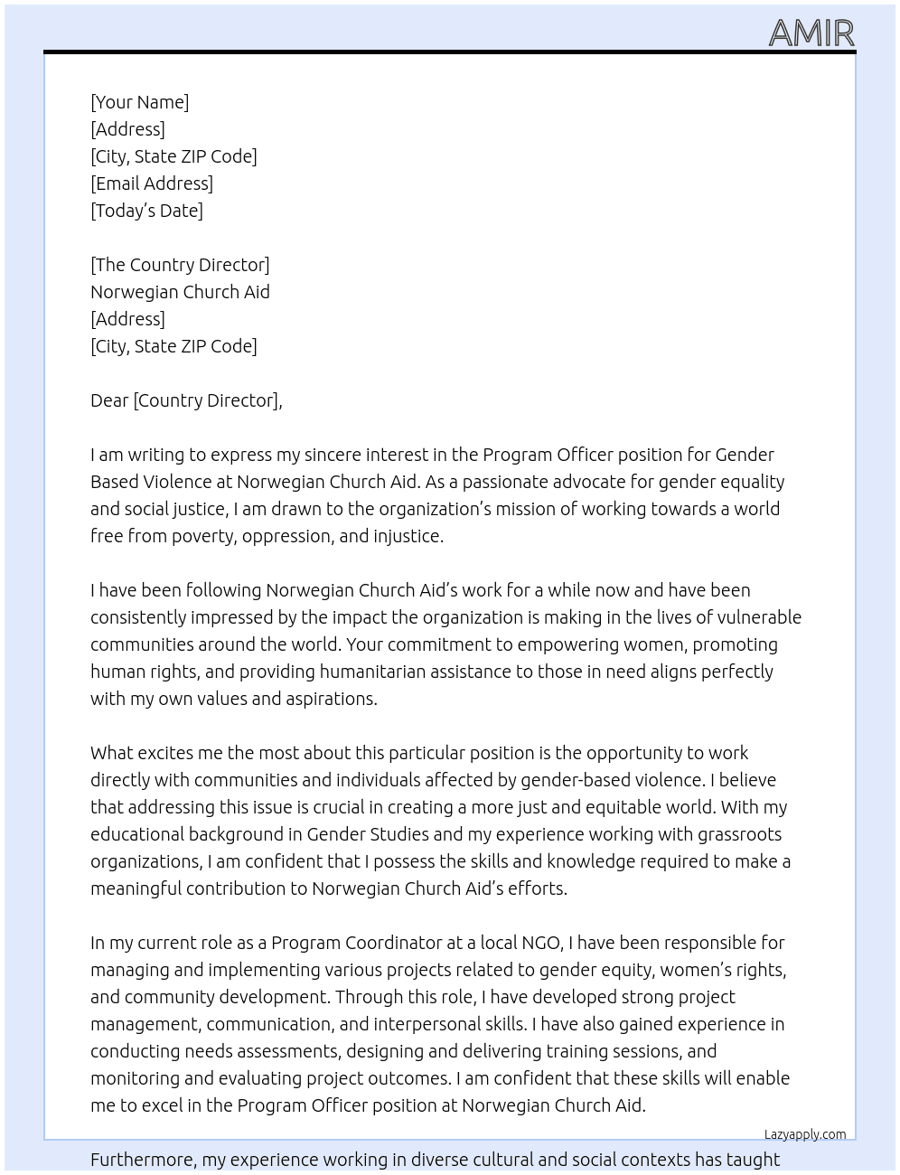 PROGRAM OFFICER - GENDER BASED VIOLENCE At Norwegian Church Aid Cover Letter