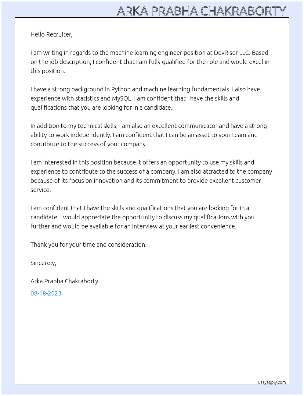 Machine learning Engineer  At DevRiser LLC Cover Letter