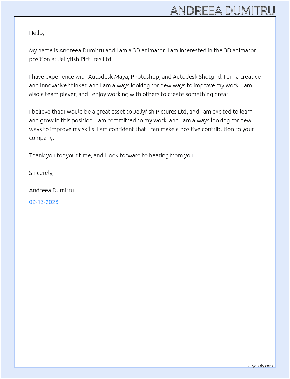 3D animator At Jellyfish Pictures Ltd Cover Letter