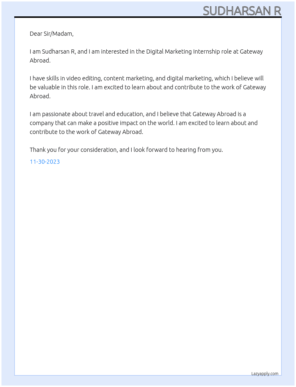 Digital Marketing At Gateway Abroad Cover Letter