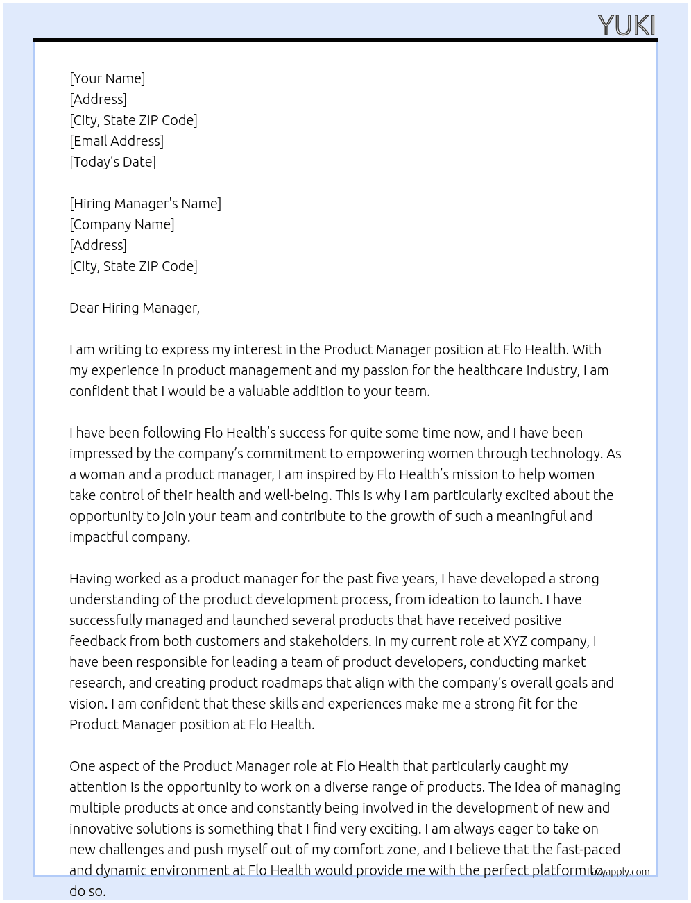 Product manager At Flo Health Cover Letter