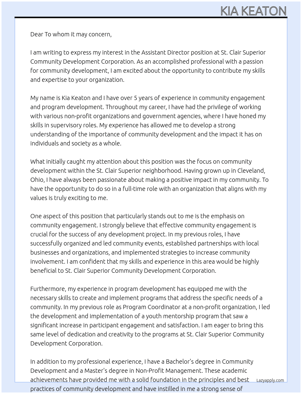 Assistant Director At St. Clair Superior Community Develpment Corporation Cover Letter