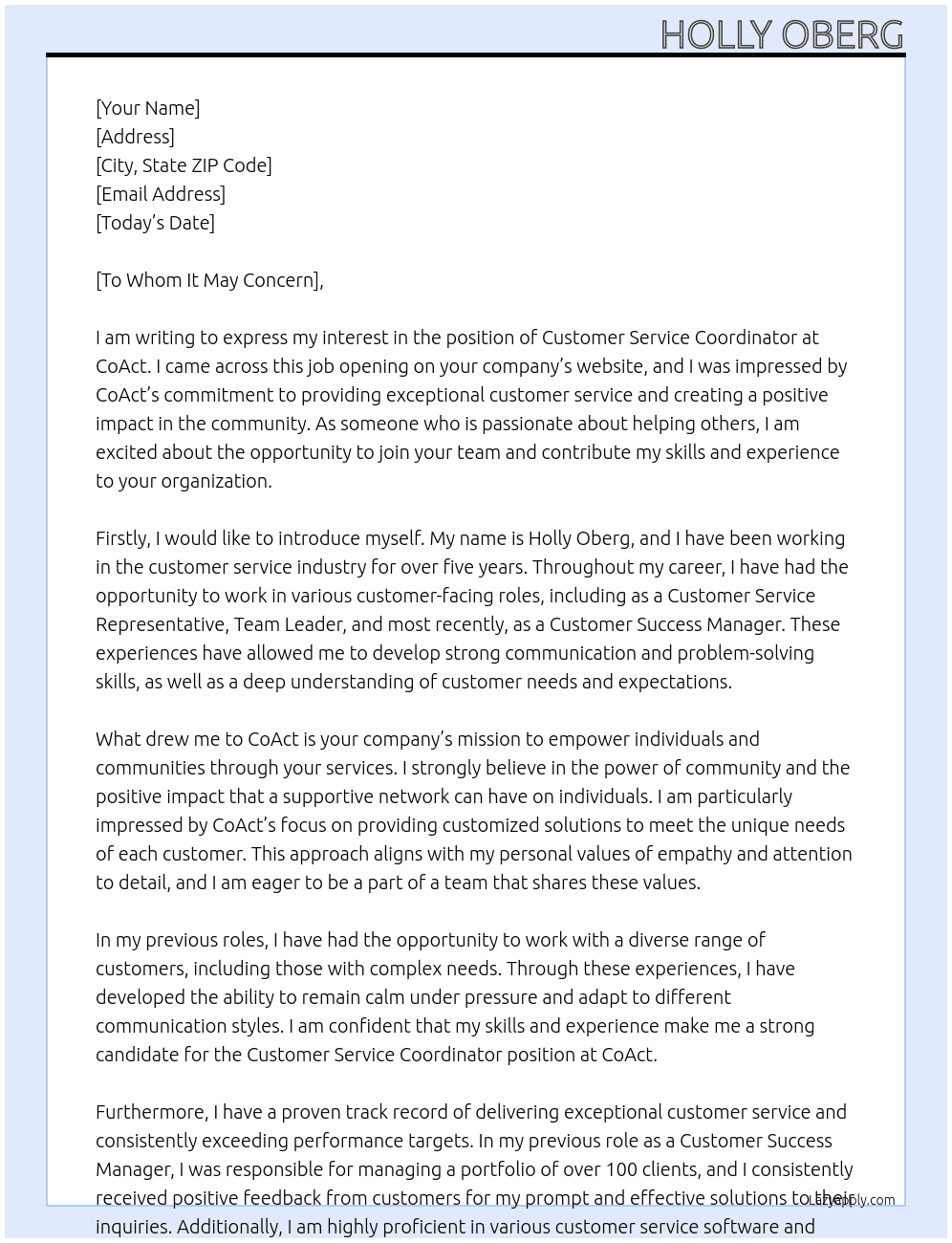 Customer Service Coordinator  At CoAct Cover Letter