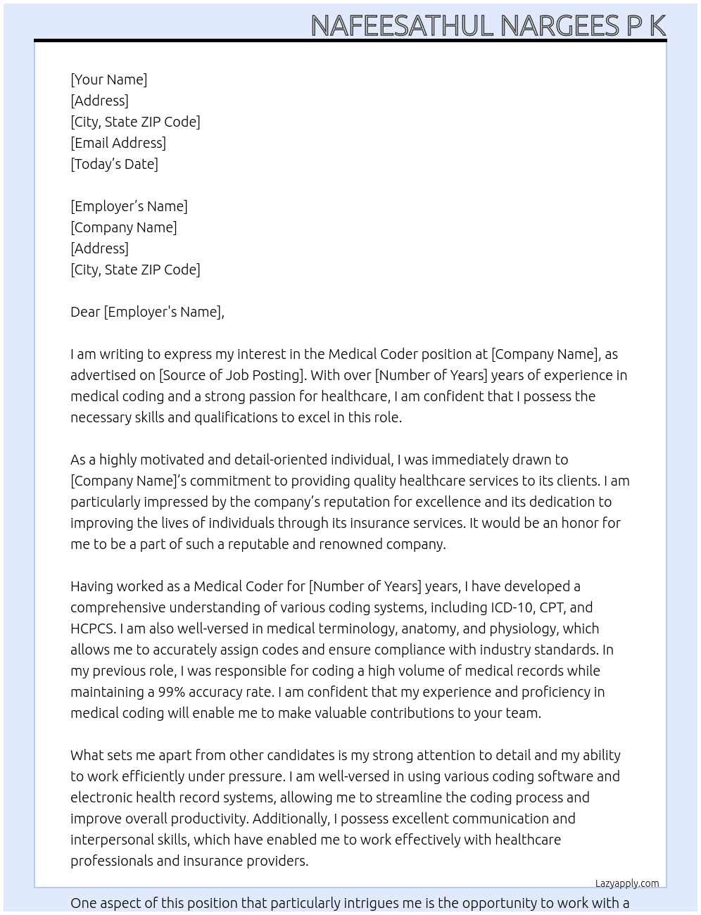Medical coder At Insurance company  Cover Letter