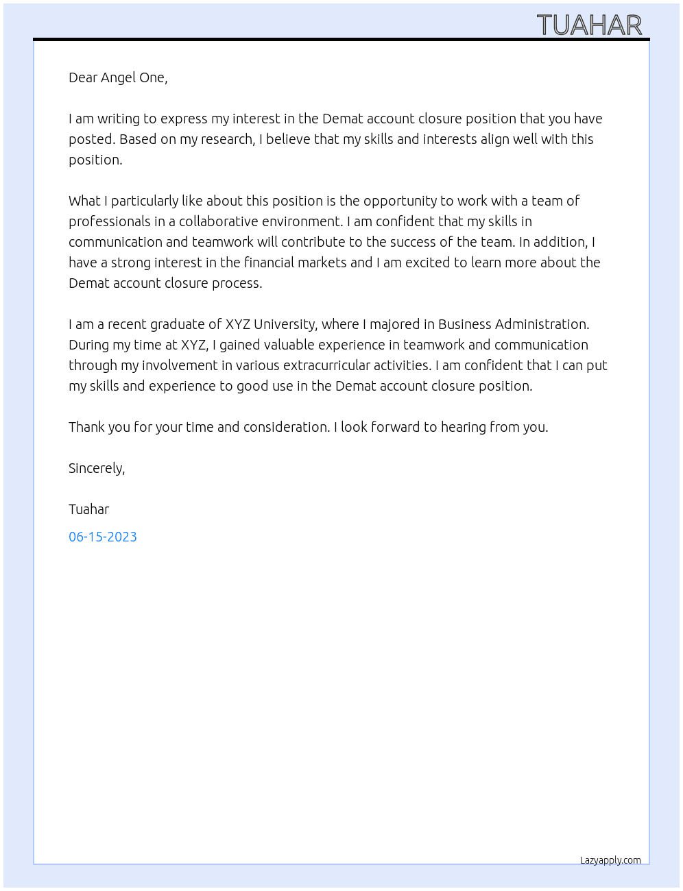 Demat account closure  At Angel one Cover Letter