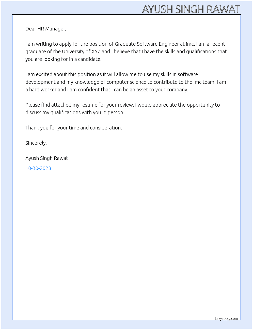 Graduate Software Engineer At imc Cover Letter