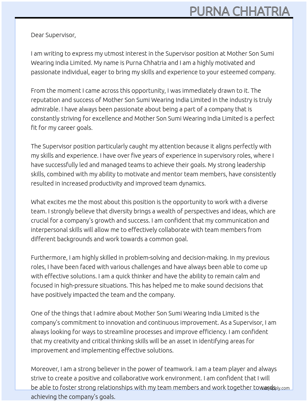Cover letter for super visor post - LazyApply