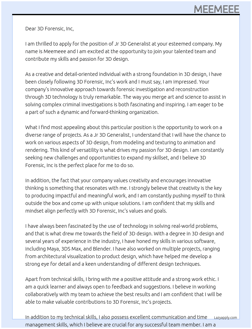Jr 3D Generalist At 3D Forensic, inc Cover Letter