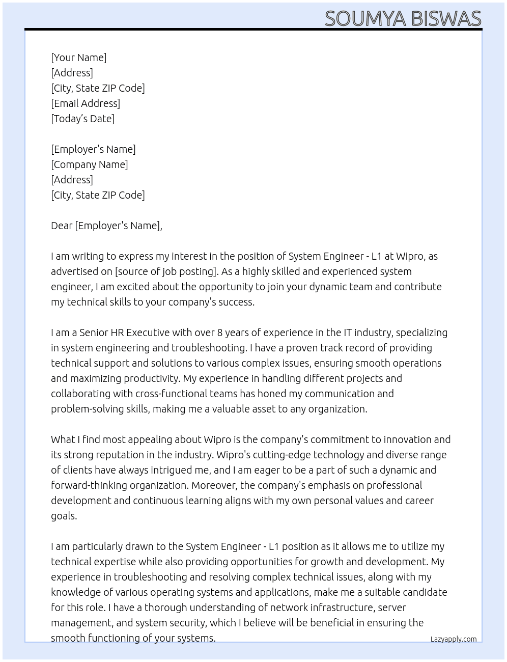 System Engineer - L1 At Wipro Cover Letter