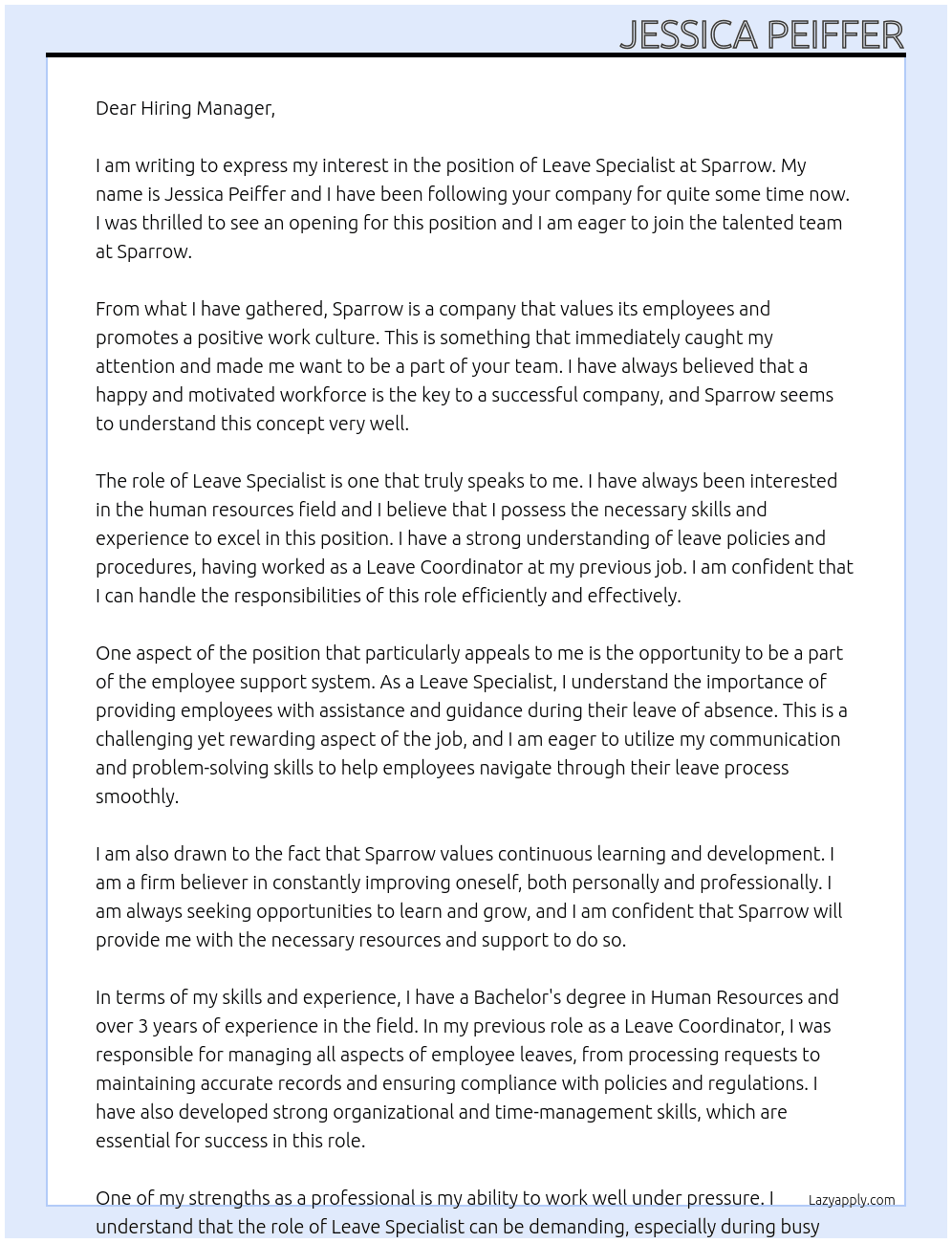 Leave specialist At Sparrow Cover Letter