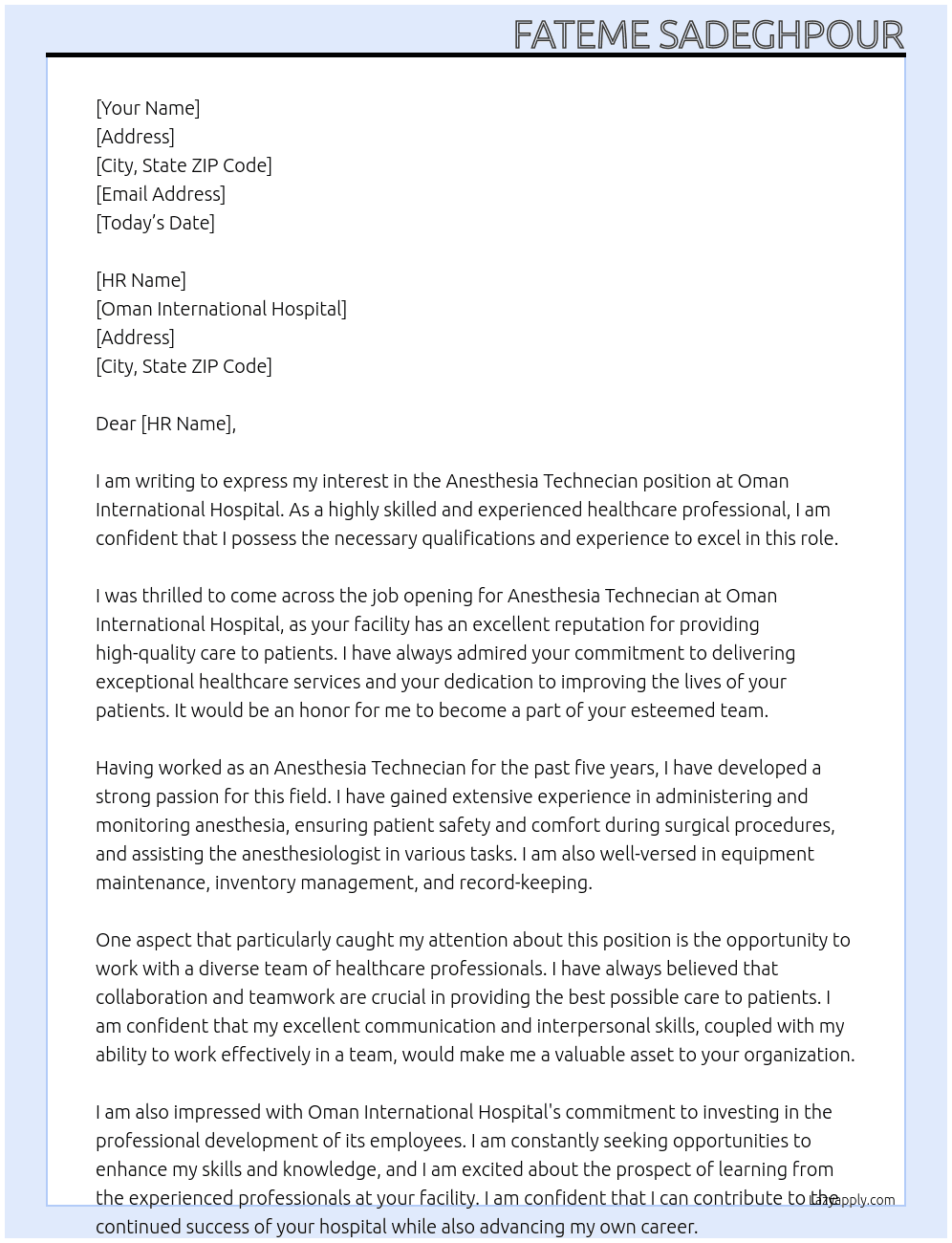 anesthesia technecian At Oman International Hospital Cover Letter