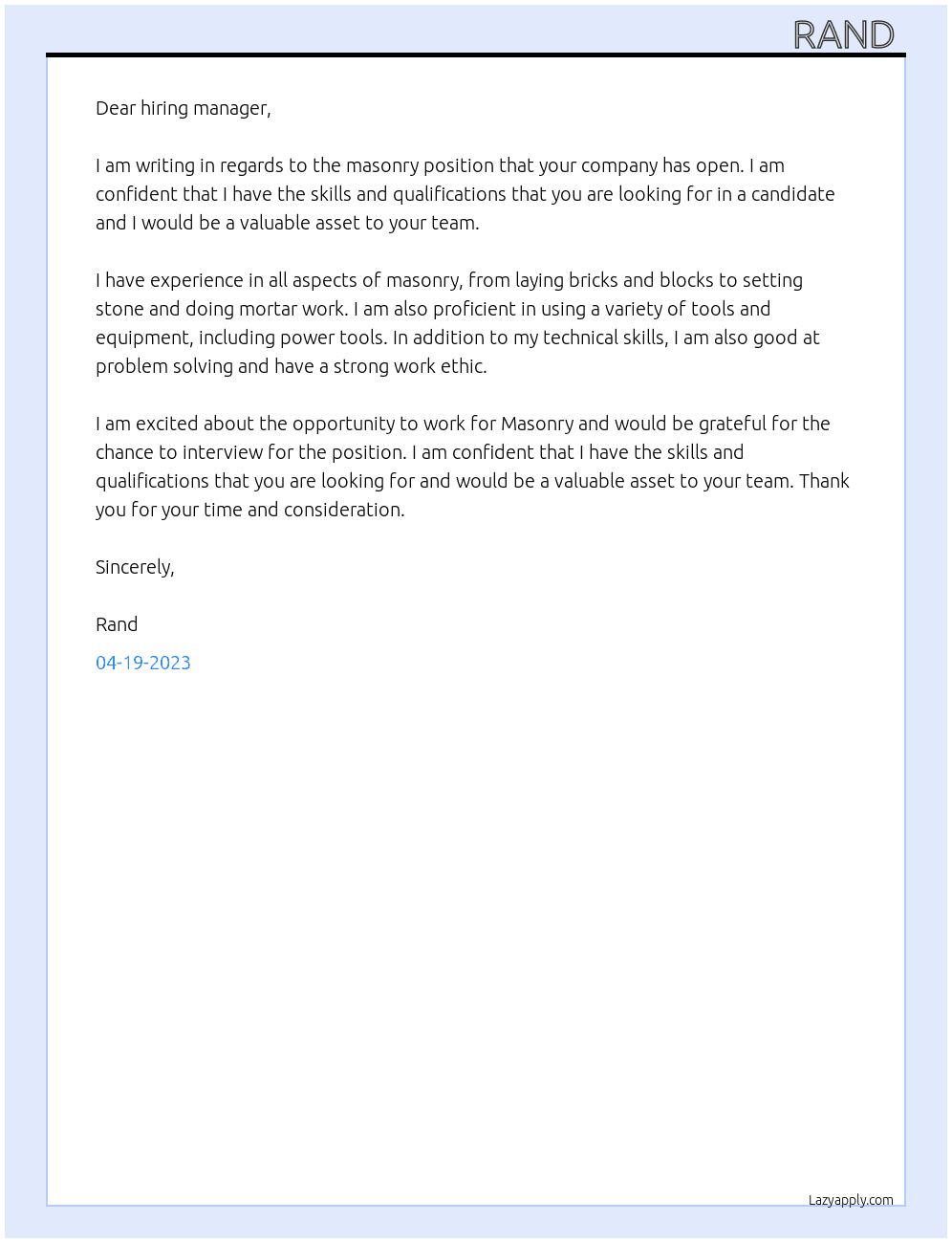 Masonry At Masonry  Cover Letter