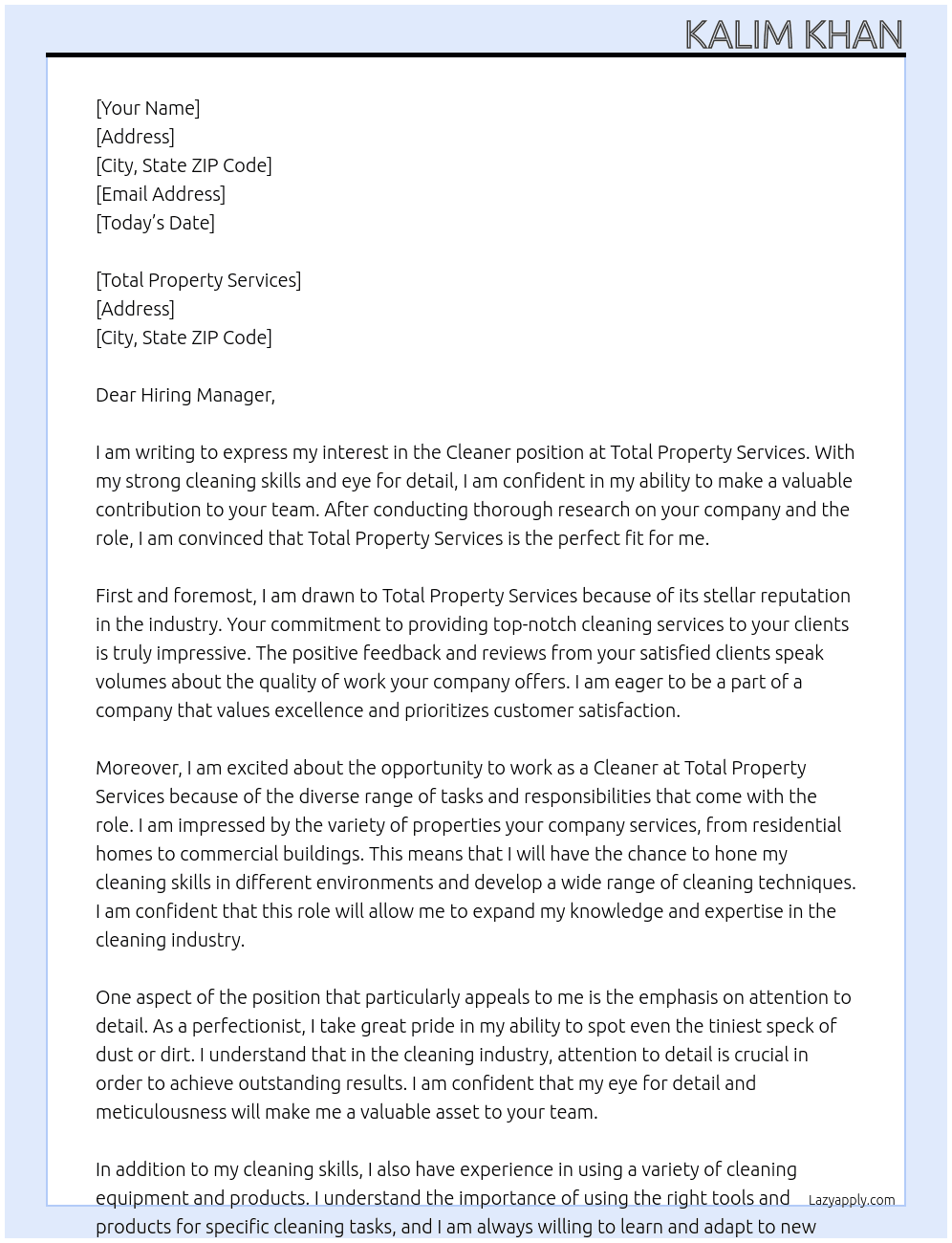 Cleaner  At Total property services  Cover Letter