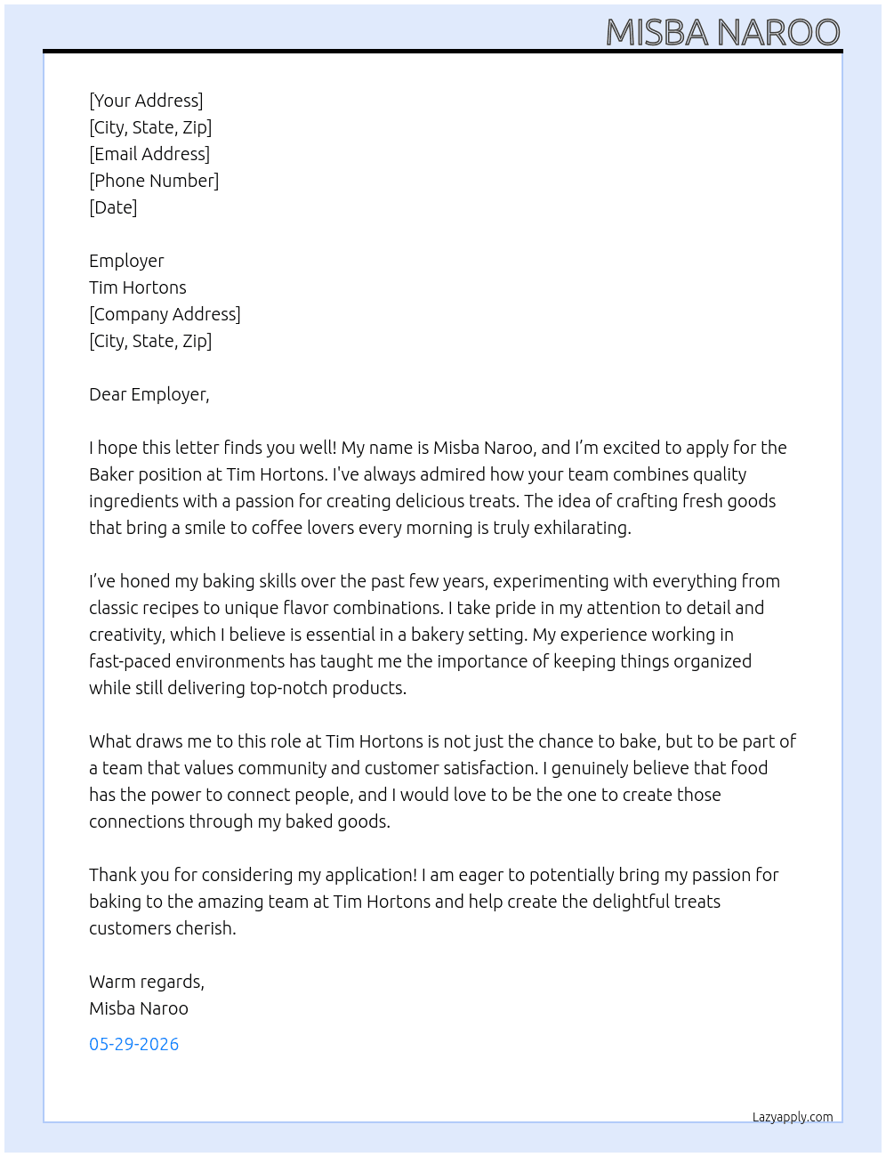 Baker At Tim Hortons Cover Letter