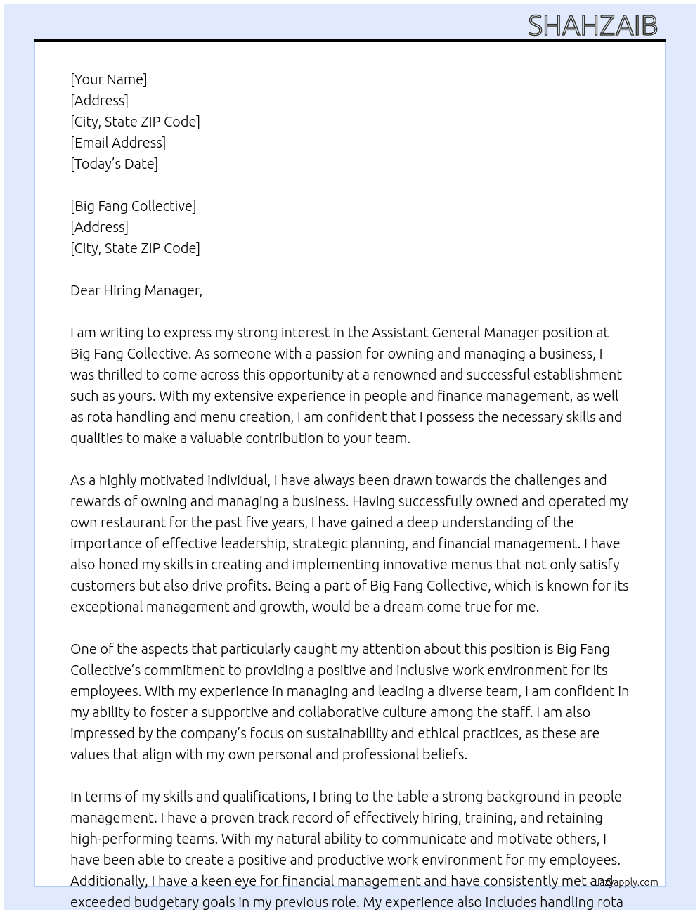 Assistant general manager  At Big fang collective  Cover Letter